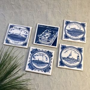 Vintage Delft Style Holland America Cruise Line Ceramic Tile Trivet Set